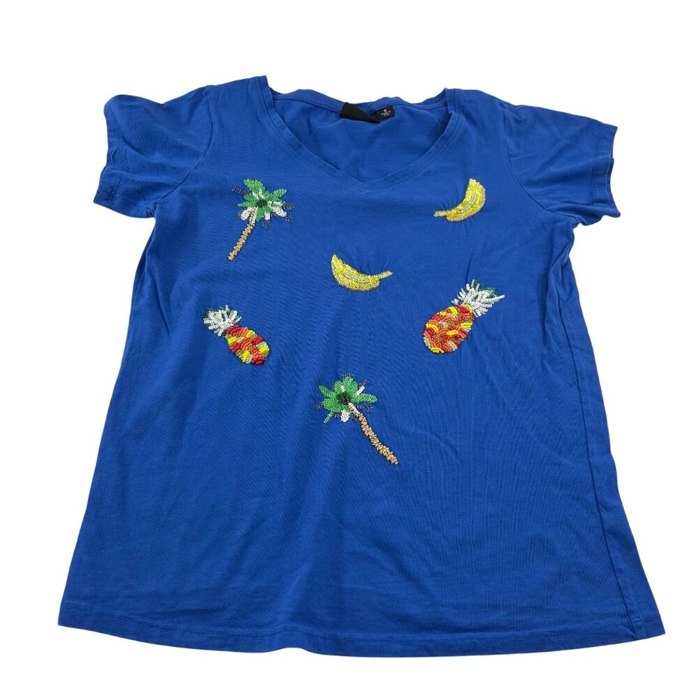 Onque Sequined Embroidered Blue‎ T-Shirt Fruit & Palm Tree Design Cotton Size S